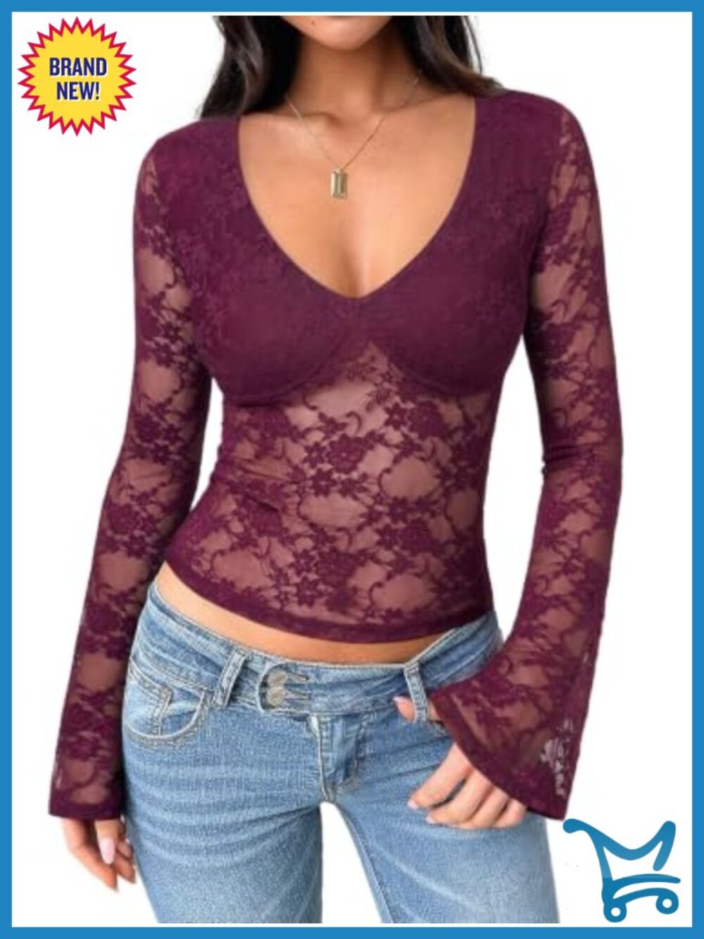 Lace Bell Sleeve Top Deep V Neck Fitted Going Out Blouse Long Sleeve